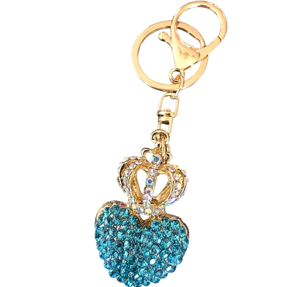 Bling Turqoise Heart With Crown Rhinestone Purse Charm Keyring - Picture 2 of 2